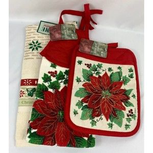 Holiday Time Kitchen 1 Tree Towel & 1 Poinsettia Towel w/2 Poinsettia Hot Pads